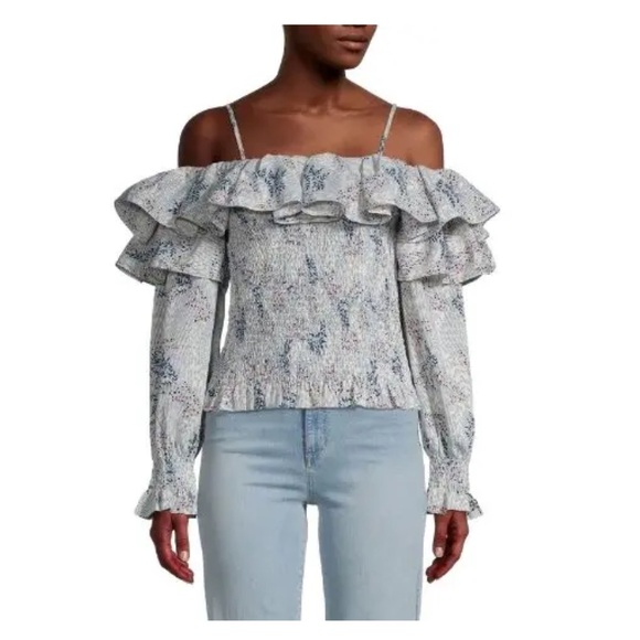 New! GRACIA Ruffled Cold Shoulder Shirred Top - Picture 2 of 7